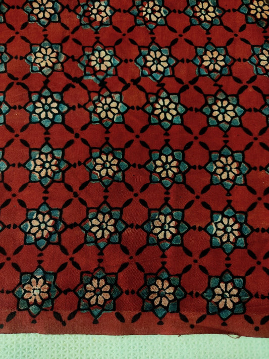 MAROON STAR JAAL AJRAKH HANDBLOCK PRINTED MUSHRU SILK FABRIC
