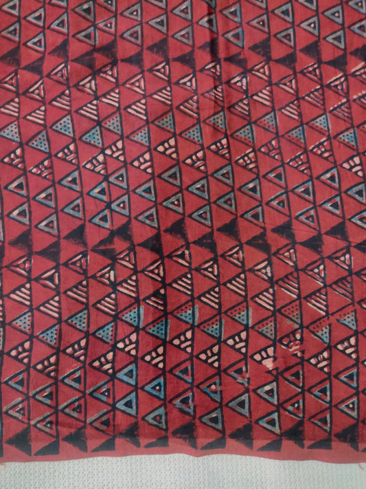 MAROON TRIANGLE PATTERN AJRAKH HANDBLOCK PRINTED MUSHRU SILK FABRIC