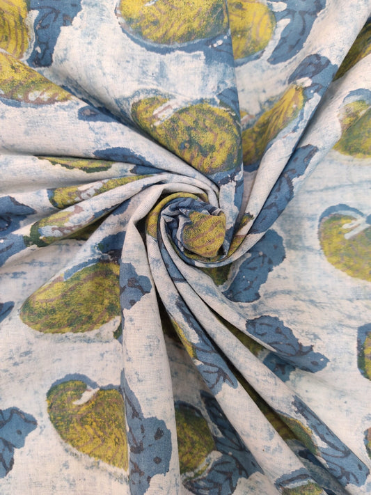 INDIGO NATURAL DYES PAISLEY  HANDBLOCK PRINTED MUL COTTON FABRIC