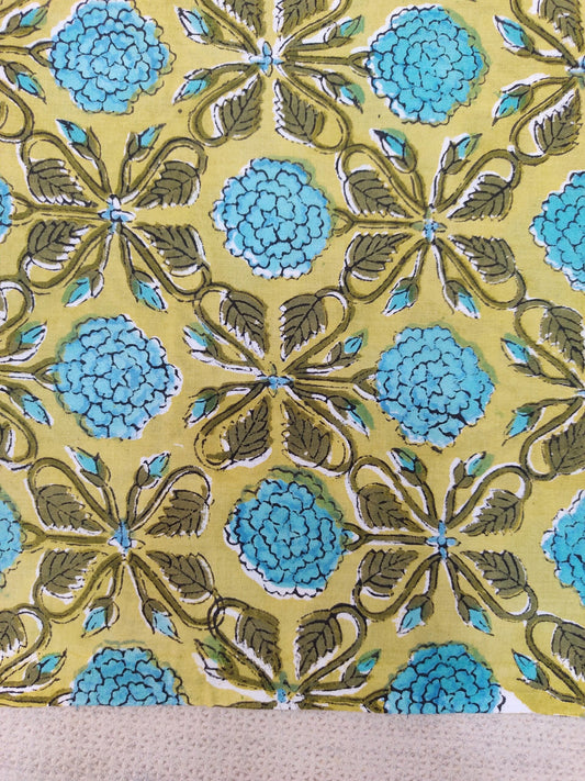 LIME GREEN FLORAL HANDBLOCK PRINTED COTTON FABRIC