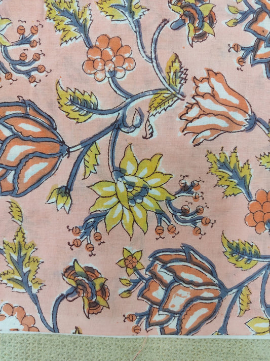 PEACH FLORAL JAAL HANDBLOCK PRINTED COTTON FABRIC