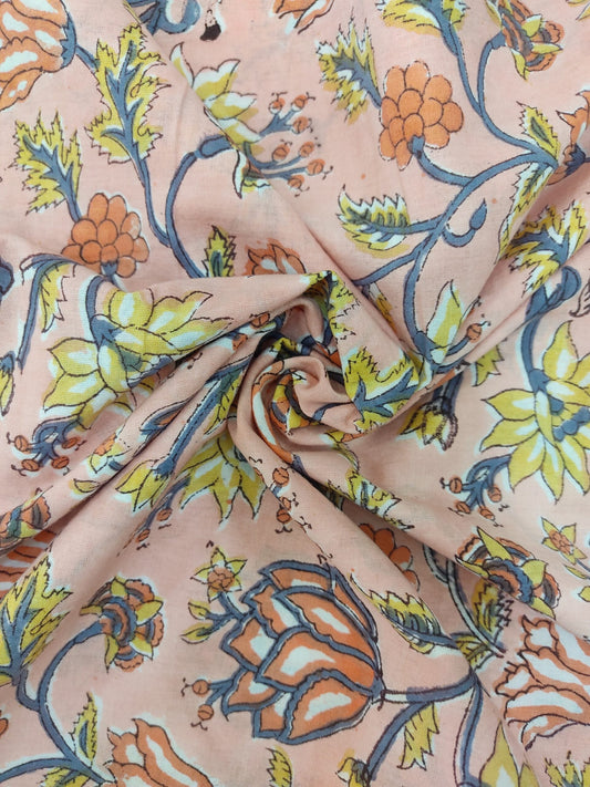 PEACH FLORAL JAAL HANDBLOCK PRINTED COTTON FABRIC