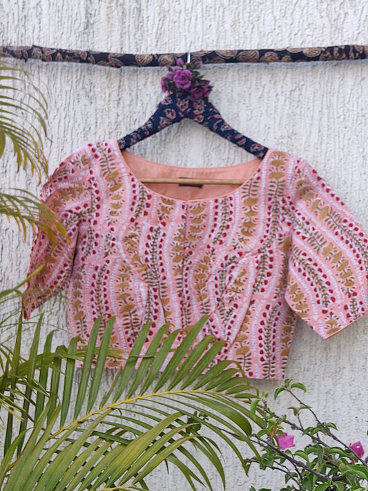 PEACH SANGANERI HANDBLOCK PRINTED READYMADE BLOUSE