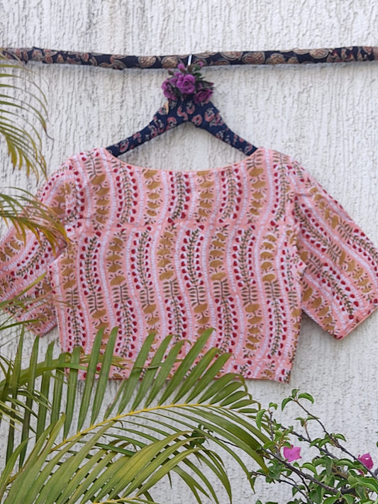 PEACH SANGANERI HANDBLOCK PRINTED READYMADE BLOUSE