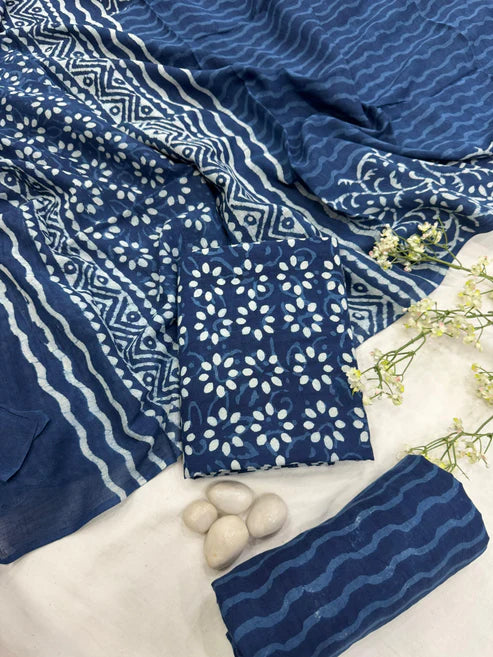 Pure Mulmul Cotton Dress Material 3pcs Indigo
