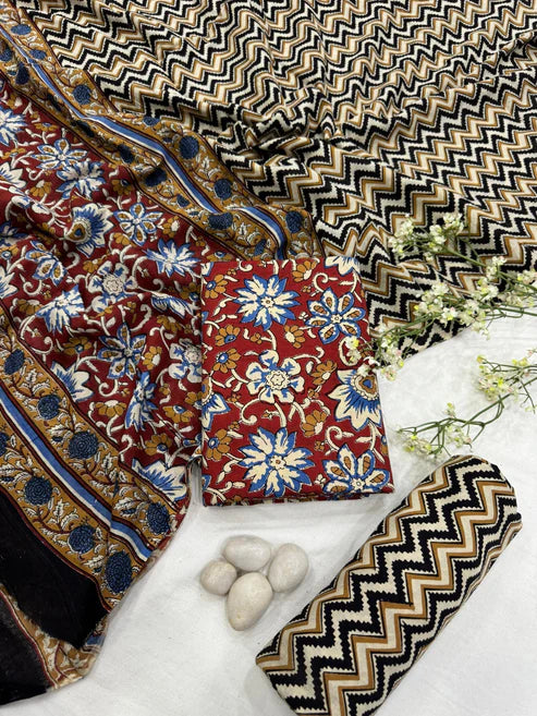 Pure Mulmul Cotton Dress Material 3pcs Maroon and Mustard