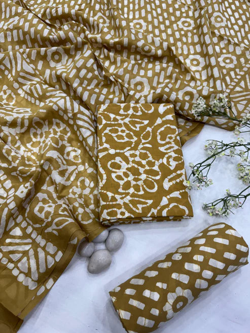 Pure Mulmul Cotton Dress Material 3pcs Mustard Batik