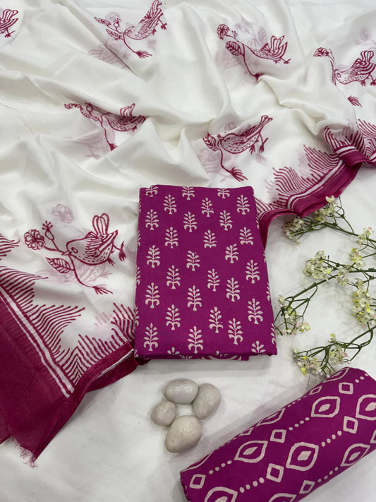 Pure Mulmul Cotton Dress Material 3pcs Pink and White