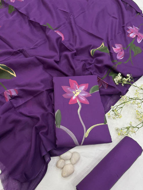 Pure Mulmul Cotton Dress Material 3pcs Purple Handpainted