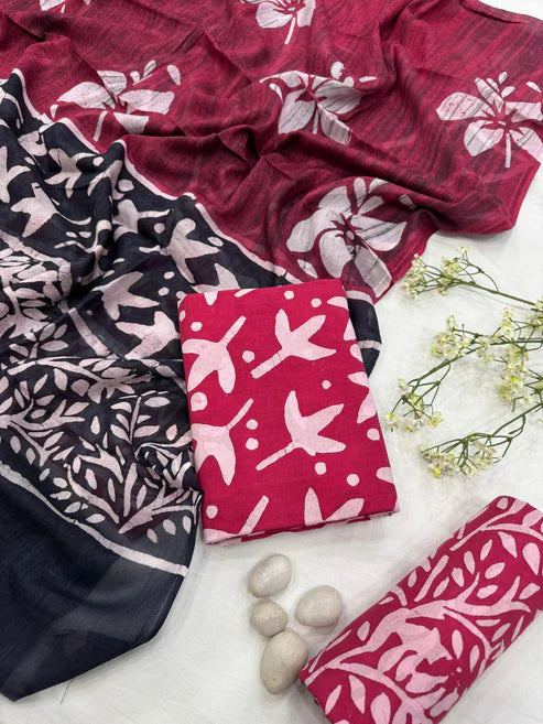 Pure Mulmul Cotton Dress Material 3pcs Red and Black