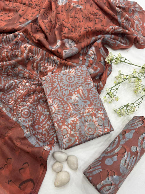 Pure Mulmul Cotton Dress Material 3pcs Rust Batik