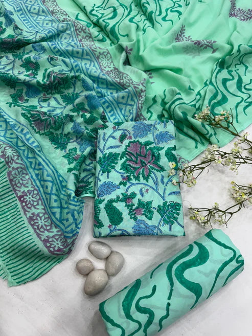 Pure Mulmul Cotton Dress Material 3pcs Sea Green