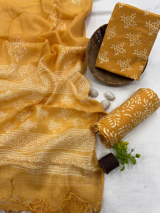 MUSTARD GOLD - 3pc Bagru Block Printed Cotton Unstitched Suit Material with Kota Doria Dupatta
