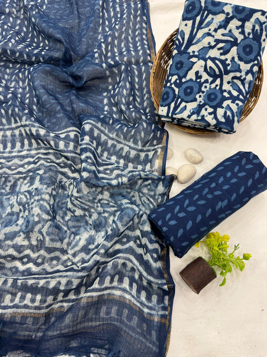 INDIGO - 3pc Bagru Block Printed Cotton Unstitched Suit Material with Kota Doria Dupatta