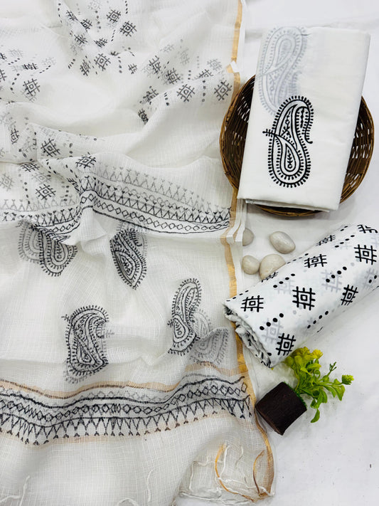 WHITE BLACK - 3pc Bagru Block Printed Cotton Unstitched Suit Material with Kota Doria Dupatta