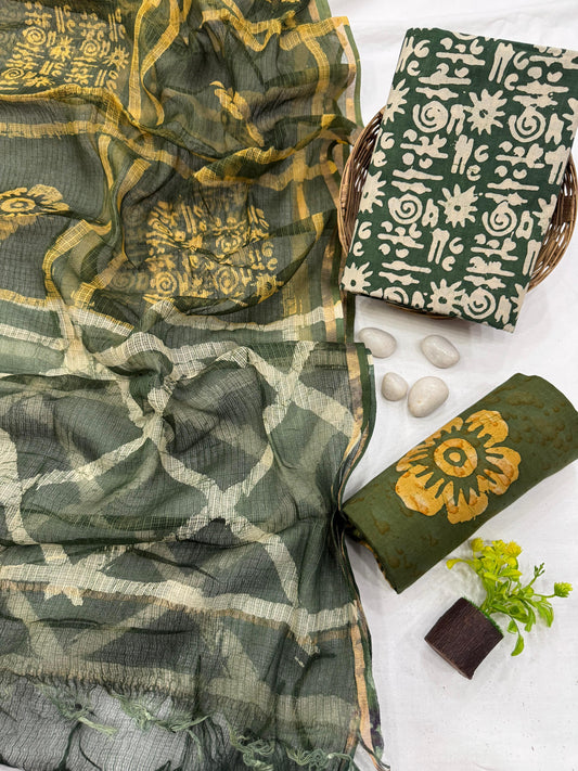 FOREST GREEN - 3pc Bagru Block Printed Cotton Unstitched Suit Material with Kota Doria Dupatta