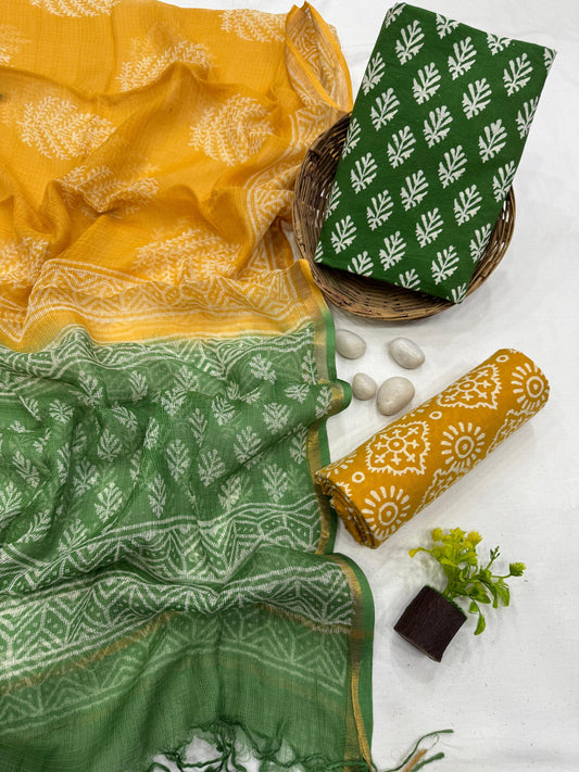 GREEN YELLOW - 3pc Bagru Block Printed Cotton Unstitched Suit Material with Kota Doria Dupatta