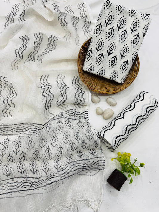 WHITE AND BLACK - 3pc Bagru Block Printed Cotton Unstitched Suit Material with Kota Doria Dupatta