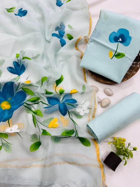 POWDER BLUE HANDPAINTED - 3pc Bagru Cotton Unstitched Suit Material with Kota Doria Dupatta