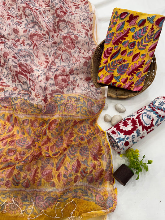YELLOW - 3pc Bagru Block Printed Cotton Unstitched Suit Material with Kota Doria Dupatta