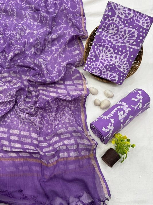 PURPLE - 3pc Bagru Block Printed Cotton Unstitched Suit Material with Kota Doria Dupatta
