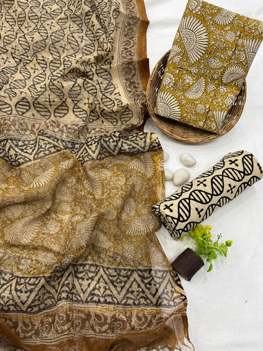 MUSTARD - 3pc Bagru Block Printed Cotton Unstitched Suit Material with Kota Doria Dupatta