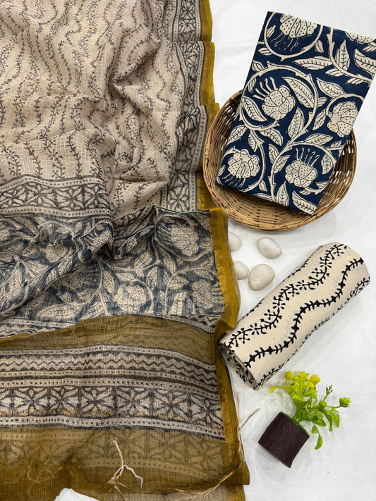 DARK BLUE - 3pc Bagru Block Printed Cotton Unstitched Suit Material with Kota Doria Dupatta