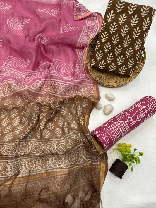 BROWN PINK - 3pc Bagru Block Printed Cotton Unstitched Suit Material with Kota Doria Dupatta