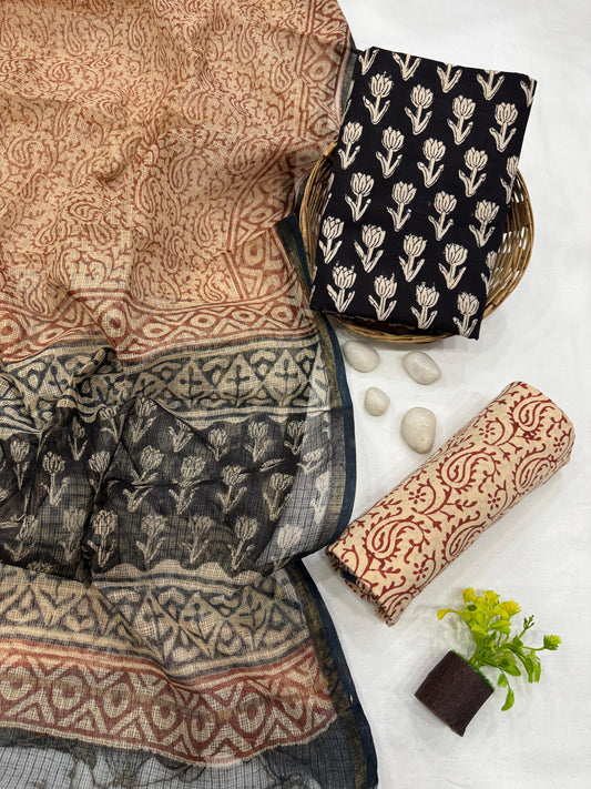 BLACK RUST - 3pc Bagru Block Printed Cotton Unstitched Suit Material with Kota Doria Dupatta