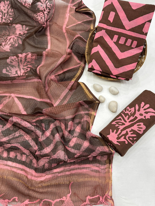 BROWN PINK - 3pc Bagru Block Printed Cotton Unstitched Suit Material with Kota Doria Dupatta