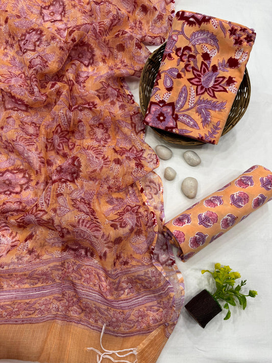 PEACH - 3pc Bagru Block Printed Cotton Unstitched Suit Material with Kota Doria Dupatta