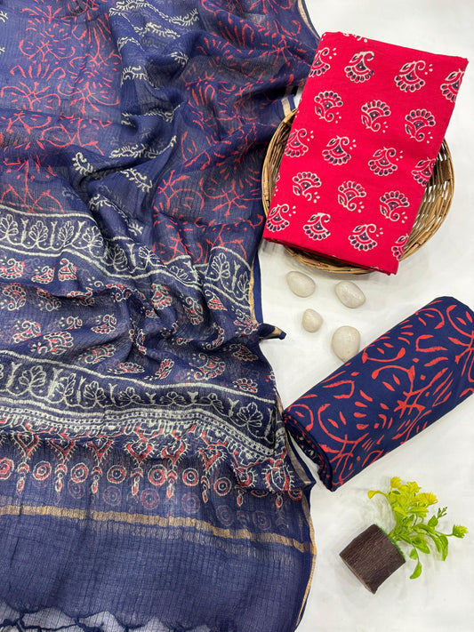 FUSCHIA PURPLE - 3pc Bagru Block Printed Cotton Unstitched Suit Material with Kota Doria Dupatta