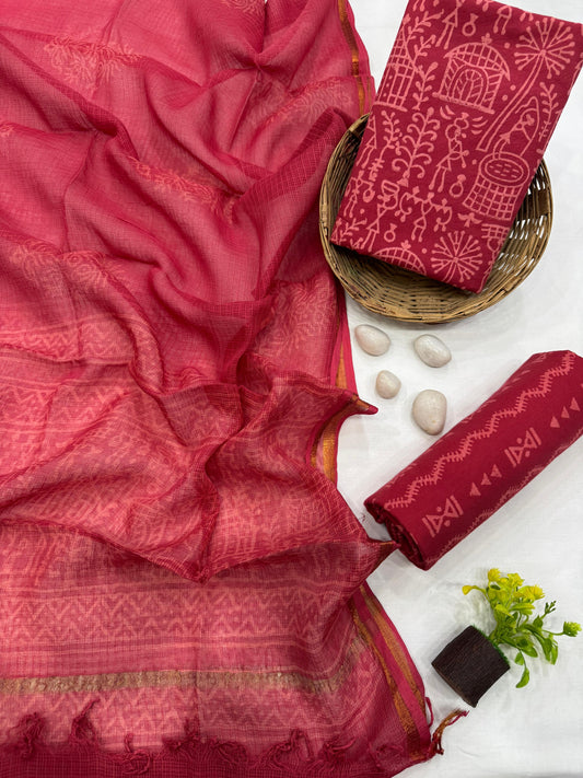 DUSTY PINK - 3pc Bagru Block Printed Cotton Unstitched Suit Material with Kota Doria Dupatta