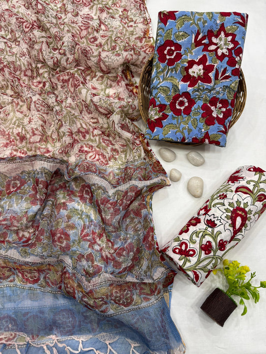 INDIGO MAROON - 3pc Bagru Block Printed Cotton Unstitched Suit Material with Kota Doria Dupatta