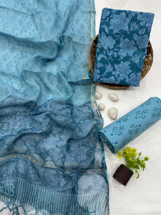 BLUE KOTA - 3pc Bagru Block Printed Cotton Unstitched Suit Material with Kota Doria Dupatta