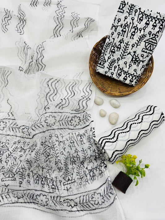 WHITE AND BLACK - 3pc Bagru Block Printed Cotton Unstitched Suit Material with Kota Doria Dupatta