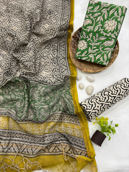 GREEN - 3pc Bagru Block Printed Cotton Unstitched Suit Material with Kota Doria Dupatta