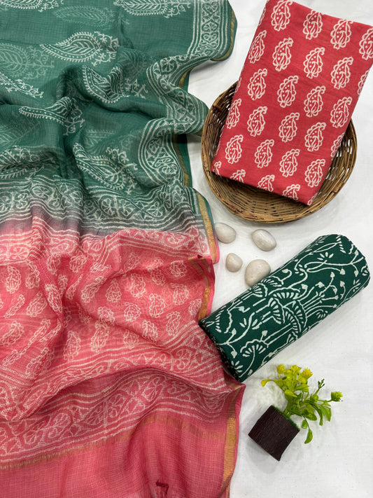 TOMATO - 3pc Bagru Block Printed Cotton Unstitched Suit Material with Kota Doria Dupatta