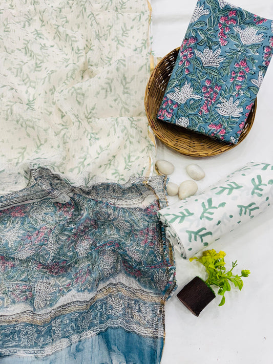 BLUE - 3pc Bagru Block Printed Cotton Unstitched Suit Material with Kota Doria Dupatta