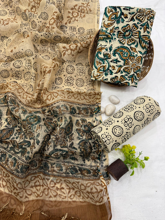 MUSTARD - 3pc Bagru Block Printed Cotton Unstitched Suit Material with Kota Doria Dupatta