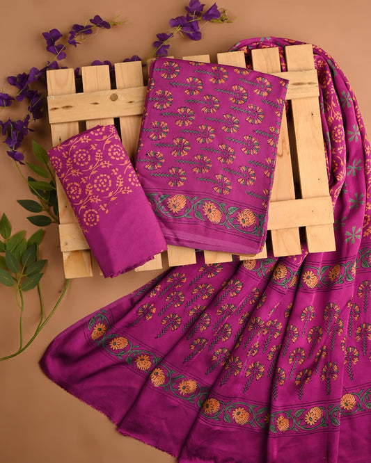 MAJENTA - 3pc Sanganeri Block Printed Cupro Modal Unstitched Suit Material with Modal Dupatta