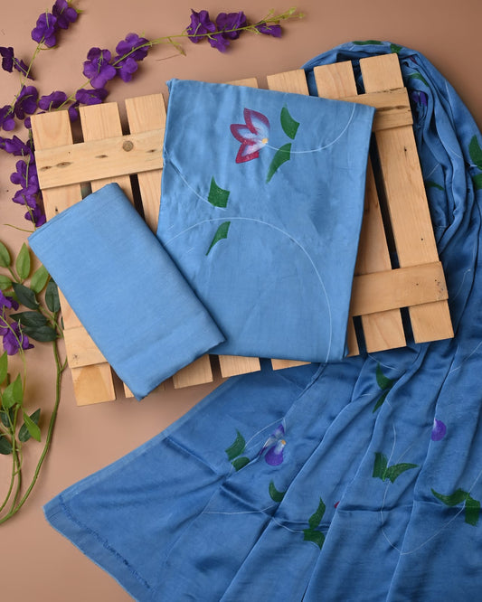 BLUE HANDPAINTED  - 3pc Sanganeri Cupro Modal Unstitched Suit Material with Modal Dupatta