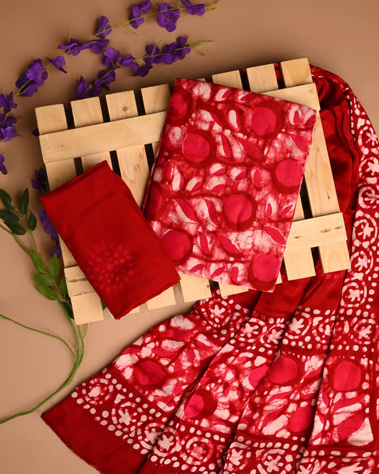 RED - 3pc Sanganeri Batik Cupro Modal Unstitched Suit Material with Modal Dupatta