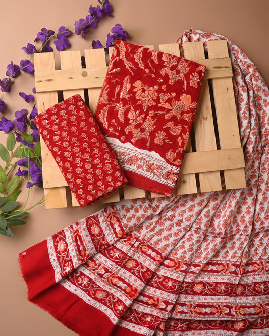 RED - 3pc Sanganeri Block Printed Cupro Modal Unstitched Suit Material with Modal Dupatta