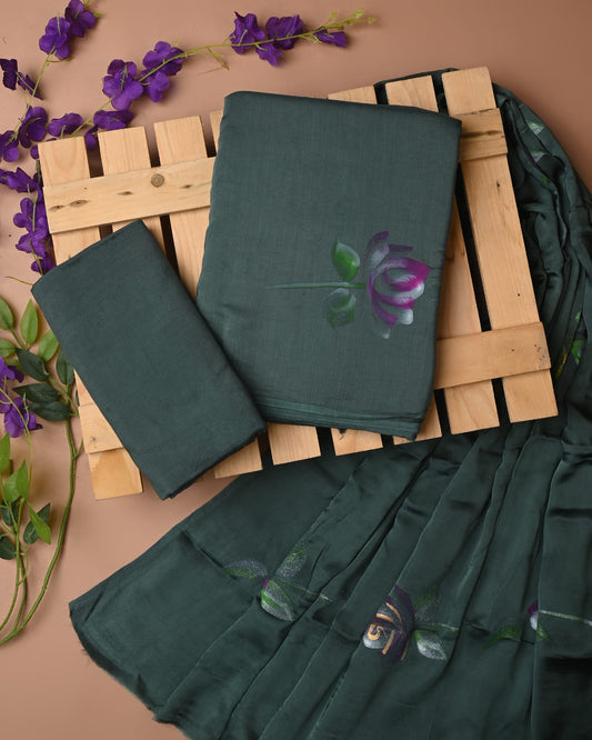 DARK GREY - 3pc Sanganeri Block Printed Cupro Modal Unstitched Suit Material with Modal Dupatta