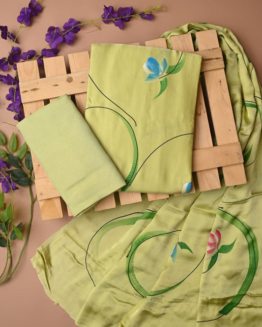 LIME HANDPAINTED - 3pc Sanganeri Cupro Modal Unstitched Suit Material with Modal Dupatta