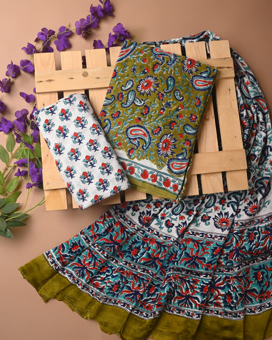 GREEN - 3pc Sanganeri Block Printed Cupro Modal Unstitched Suit Material with Modal Dupatta
