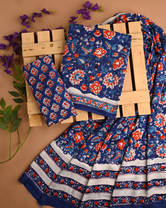 BLUE - 3pc Sanganeri Block Printed Cupro Modal Unstitched Suit Material with Modal Dupatta