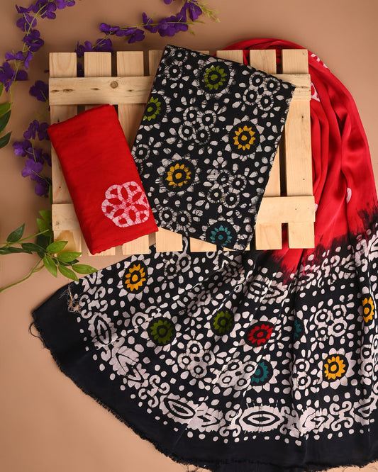 BLACK - 3pc Sanganeri Block Printed Cupro Modal Unstitched Suit Material with Modal Dupatta