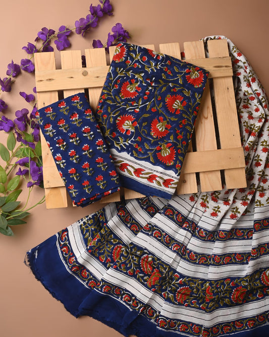 NAVY  - 3pc Sanganeri Block Printed Cupro Modal Unstitched Suit Material with Modal Dupatta